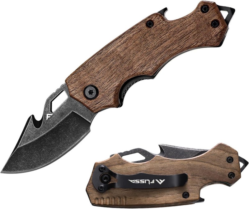 FLISSA Mini Folding Pocket Knife, 2.5-Inch Stainless Steel Drop Point Blade, EDC Pocket, Knives for Men with Bottle Opener and Glass Breaker (Brown), Good Merry Christmas Gift - Image 1